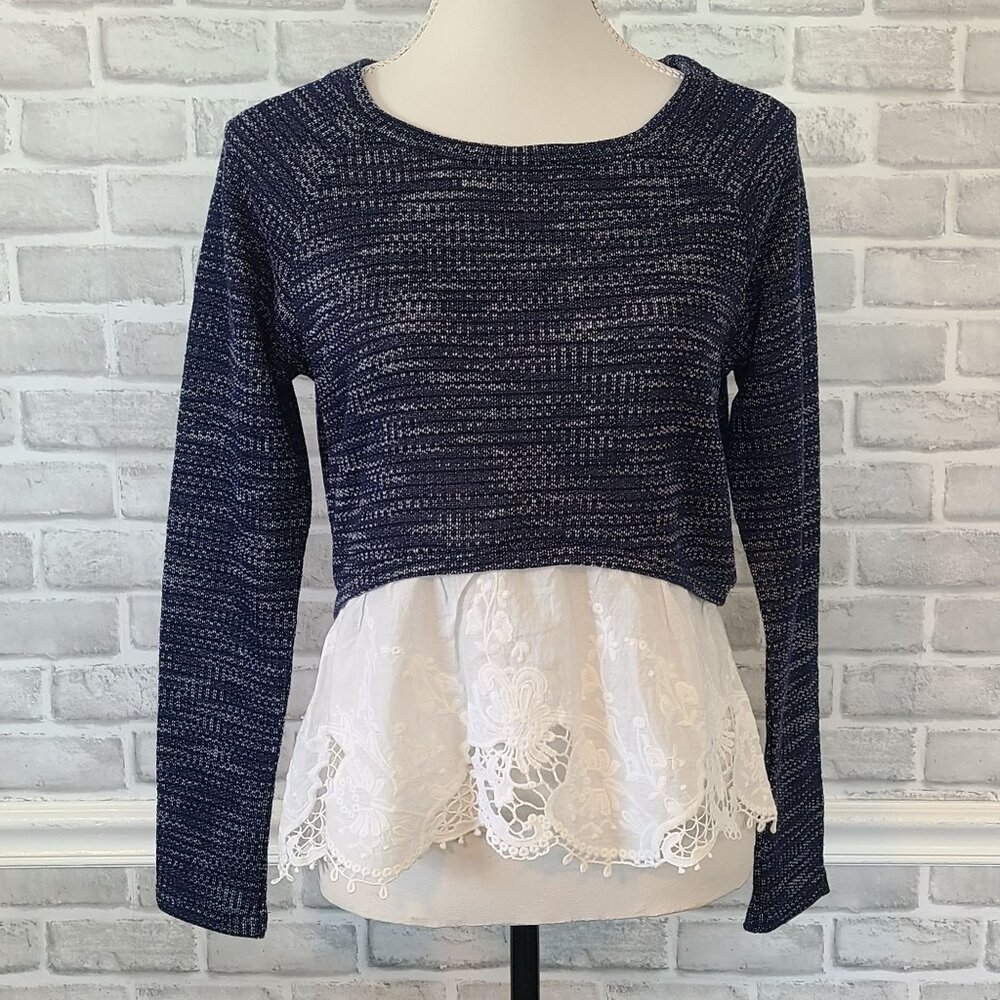 Maison Jules Knit Sweater Eyelet Lace Ruffle Trim NEW Sm Blue Romantic Cottage